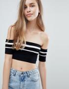 Pull & Bear Stripe Detail Off Shoulder Crop Top In Black - Black