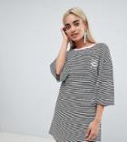 Chorus Petite Flared Sleeve Striped T-shirt Dress With Embroidery - Black