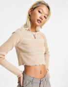 Daisy Street Long Sleeve Rib Crop Top With Exposed Seam Detail-brown