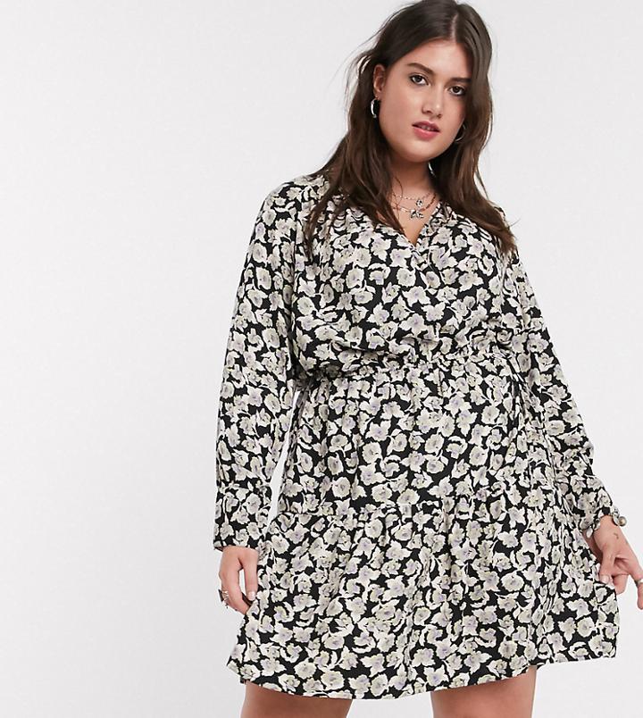 Only Curve Mini Wrap Dress In Black Floral
