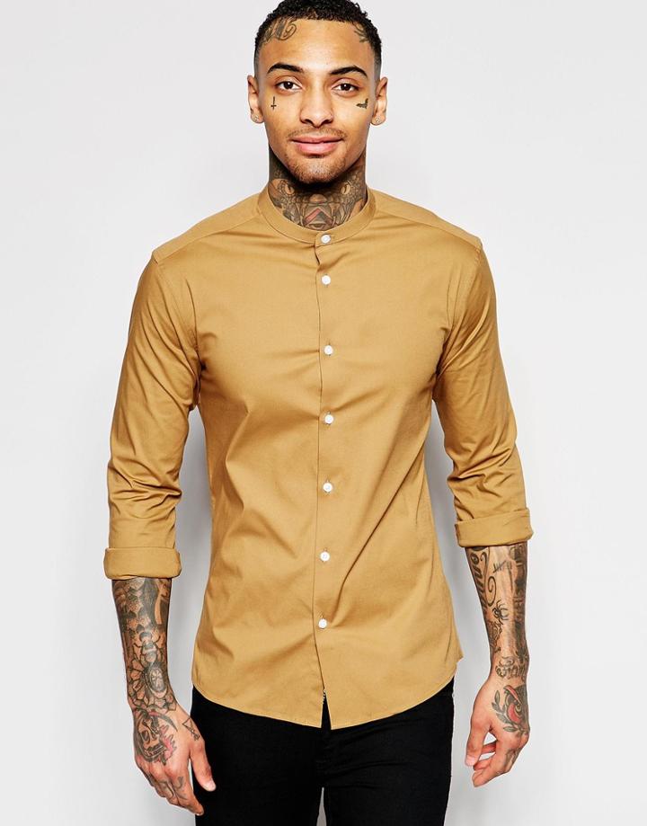 Asos Skinny Shirt In Camel With Grandad Collar - Camel