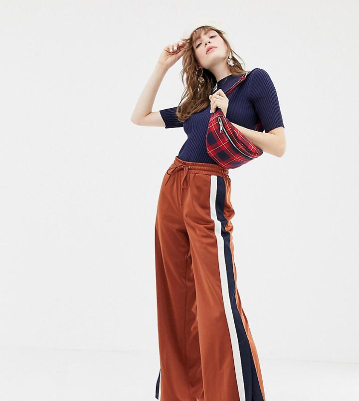 Monki Side Stripe Wide Leg Track Pants In Rust - Brown