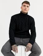 Asos Design Heavyweight Cable Knit Roll Neck Sweater In Black