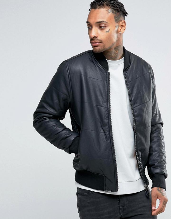 Bellfield Padded Leather Look Bomber Jacket - Navy