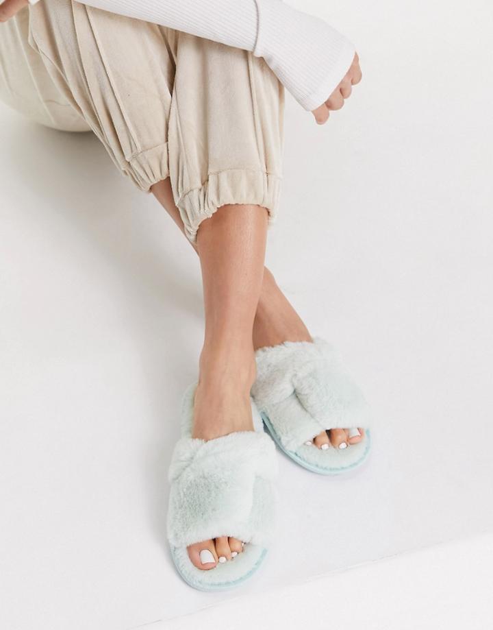Loungeable Twist Detail Faux Fur Slides In Mint-green