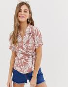 Asos Design Linen Wrap Top In Hawaiian Print - Multi