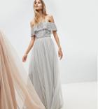 Maya Bardot Sequin Top Tulle Detail Dress With High Low Hem - Gray