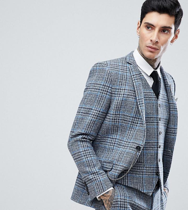 Heart & Dagger Skinny Suit Jacket In Harris Tweed In Check - Gray