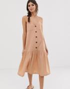 Asos Design Contrast Stitch Midi Sundress With Button Through-beige