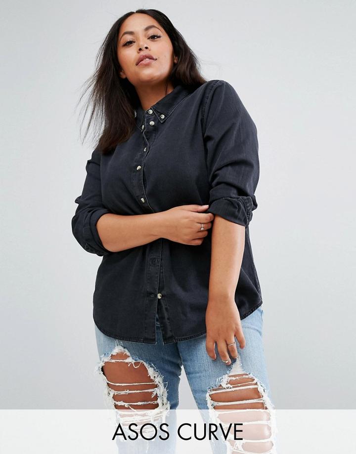 Asos Curve Denim Shirt In Washed Black - Black