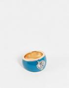 Asos Design Ring In Blue Enamel With Heart Jewel Insert In Gold Tone-green