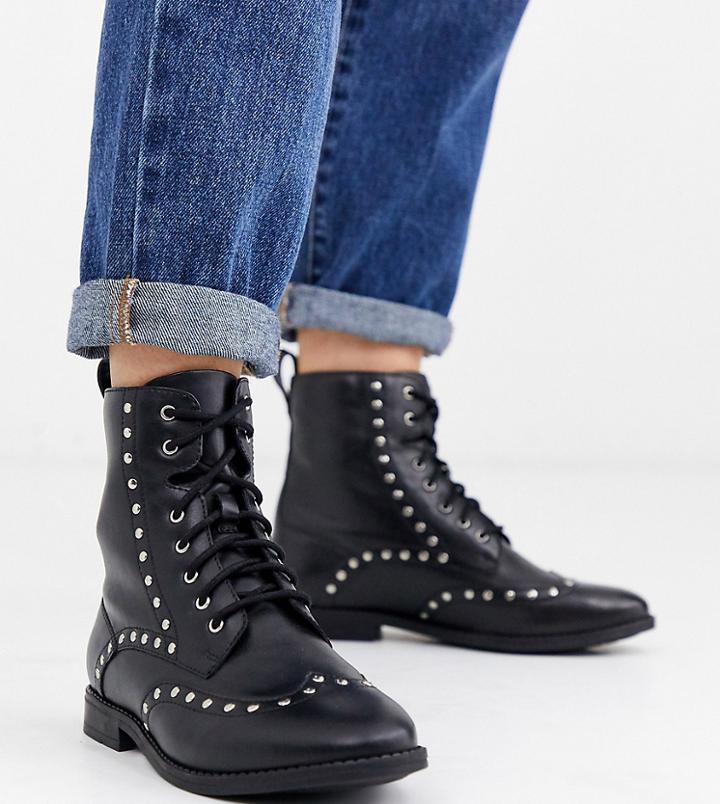 Simply Be Tanya Wide Fit Leather Studded Biker Boot In Black