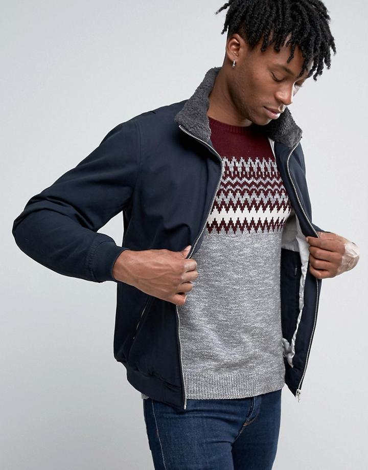 Pull & Bear Navy Harrington Jacket With Faux Sherling Collar - Navy
