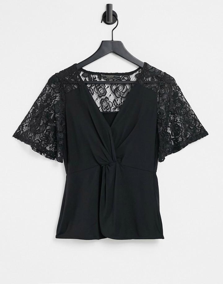 Lipsy Lace Flutter Sleeve Top In Black