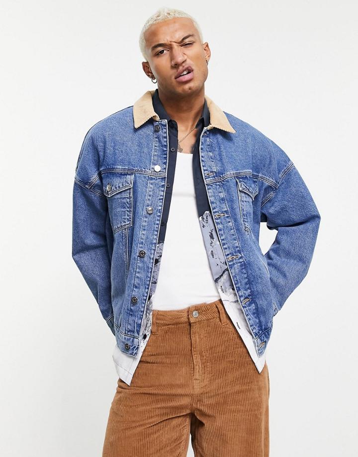 Asos Design Oversized Denim Jacket In Dark Wash Blue With Cord Collar