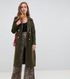 Missguided Belted Military Coat In Green - Green