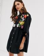 Asos Design Embroidered Grandad Collar Button Through Mini Smock Dress With Tie Sleeves-black