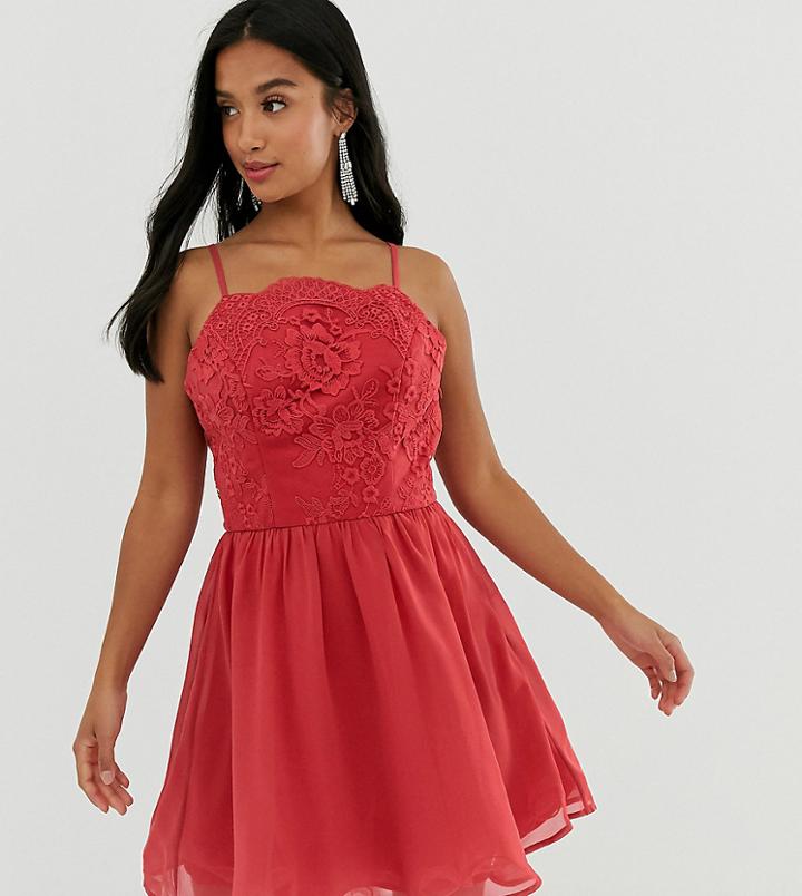 Chi Chi London Petite Lace Mini Skater Dress In Raspberry-red