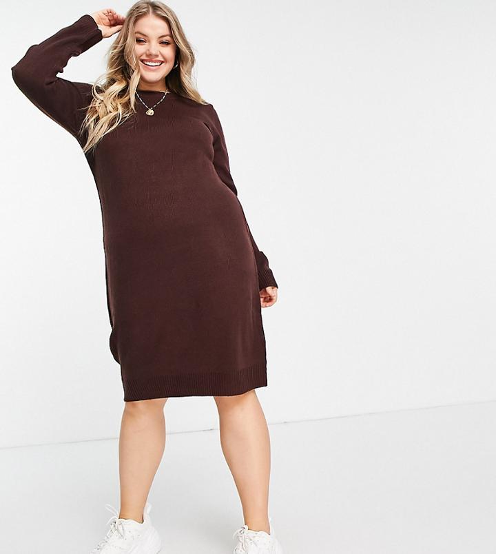 Brave Soul Plus Grungy Crew Neck Sweater Dress In Red