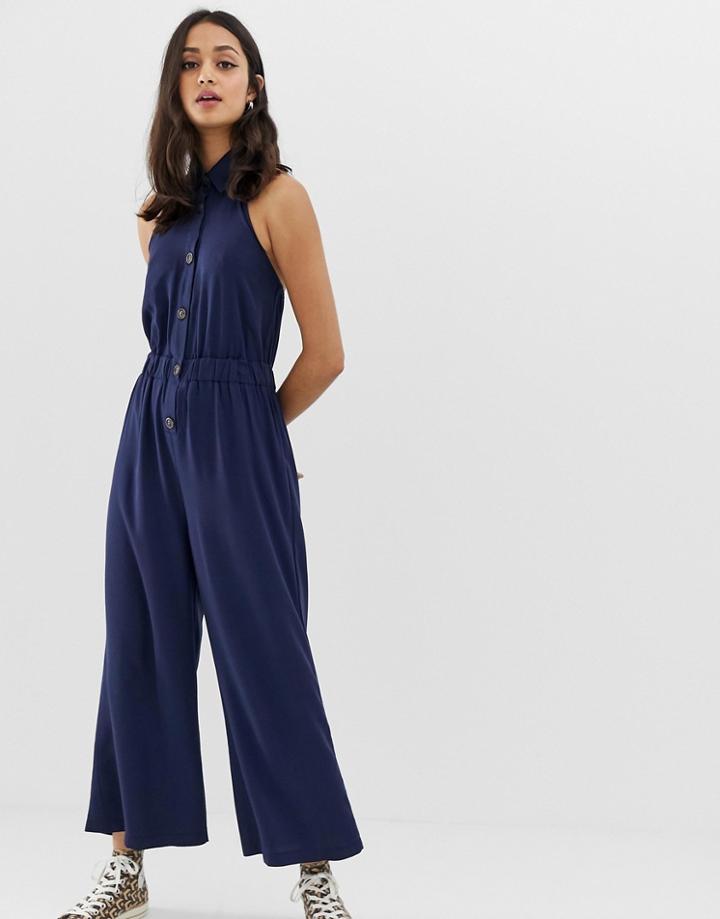 Asos Design Halter Neck Button Front Jumpsuit With Collar - Navy