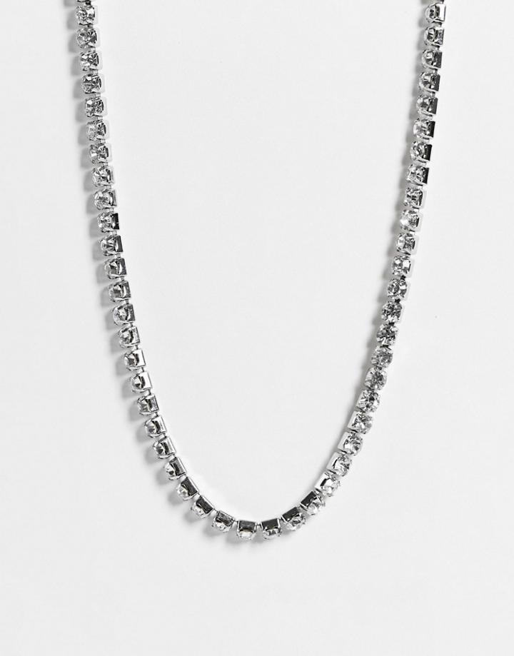 Asos Design Crystal Necklace In Silver Tone