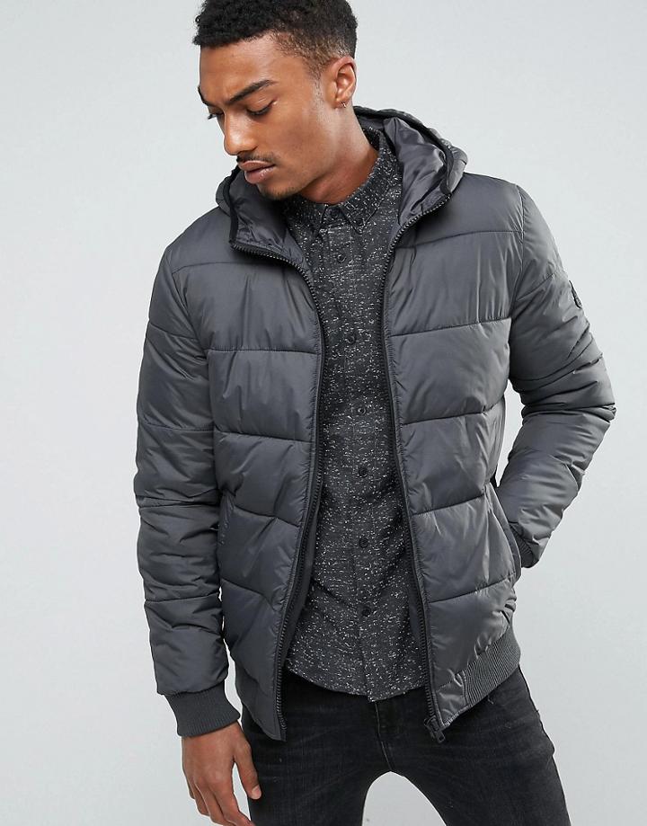 Solid Padded Jacket With Hood - Gray