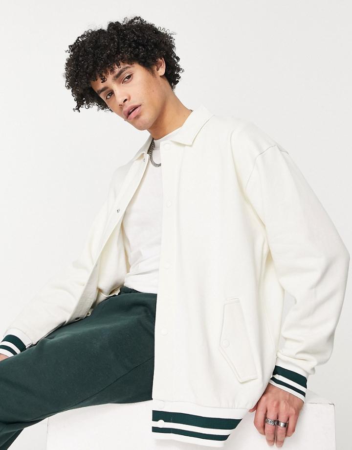 Asos Design Oversized Varsity Jersey Jacket In Soft White