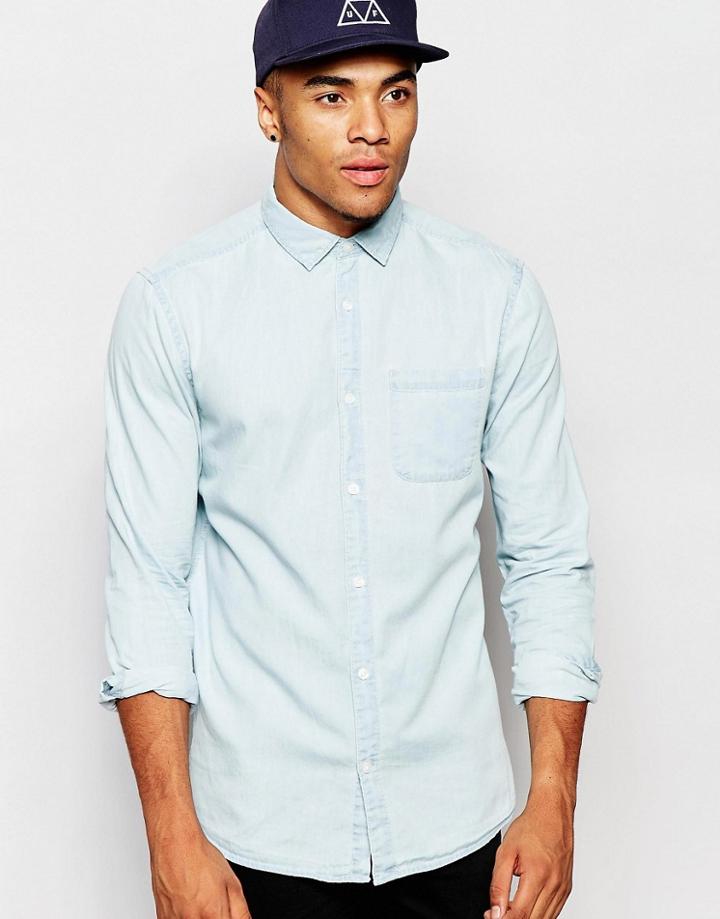 New Look Bleached Denim Shirt With Long Sleeves In Regular Fit - Blue