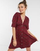 Asos Design Tea Dress With Horn Buttons In Burgundy Base Floral-purple
