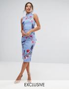 True Violet High Neck Pencil Dress With Mandarin Collar And Bow Back - Multi