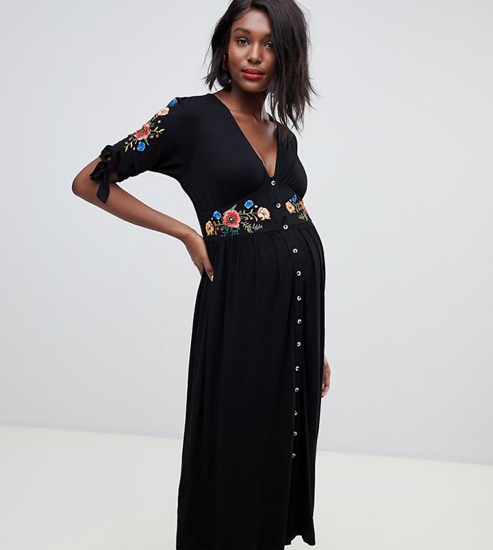Asos Design Maternity Embroidered Midi Button Through Tea Dress - Black
