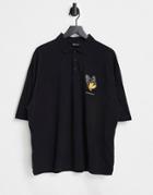 Asos Design Oversized Polo Shirt In Black With Butterfly Chest Print
