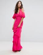 Prettylittlething Frill Cold Shoulder Maxi Dress - Pink