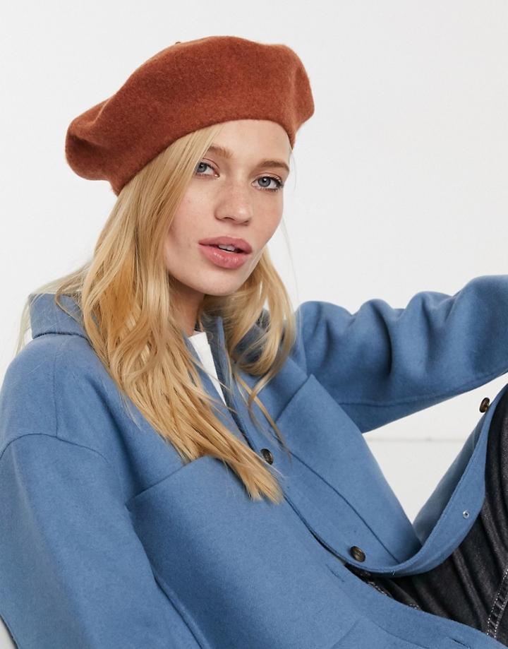 Asos Design Wool Beret In Tobacco-brown