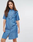 Liquoriosh Ruffle Short Sleeve Denim Shirt Dress - Blue