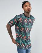 Asos Oversized T-shirt With All Over Floral Print In Linen Look - Black