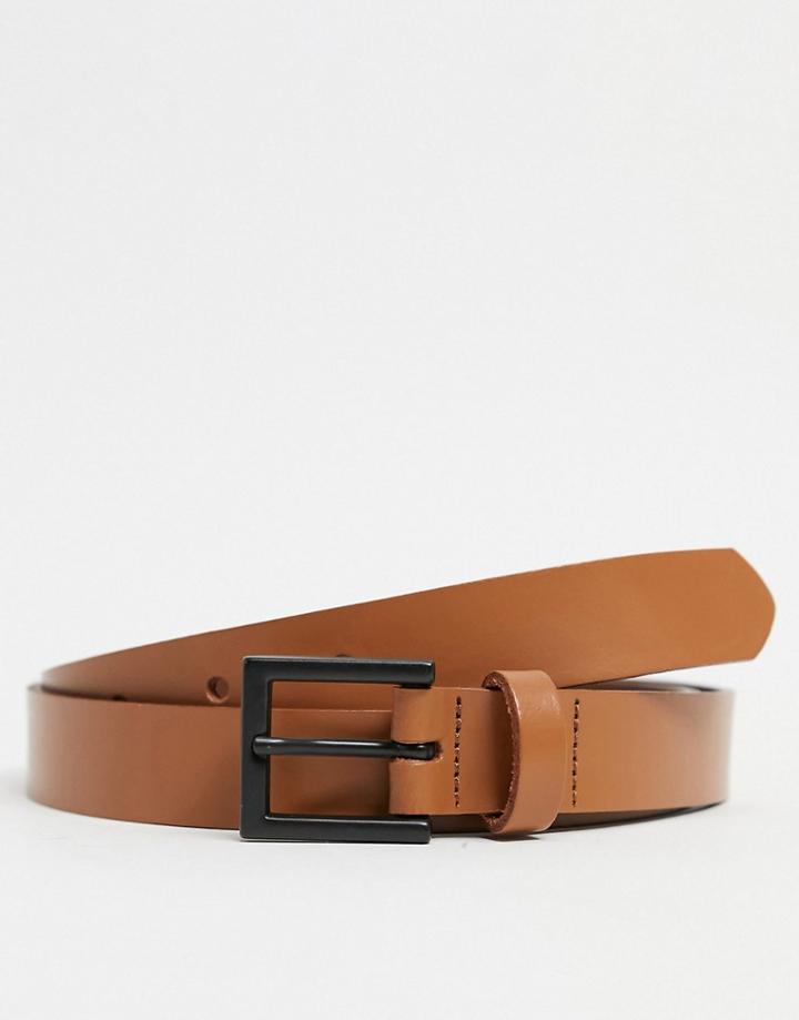 Asos Design Leather Skinny Belt In Tan With Matte Black Buckle-brown