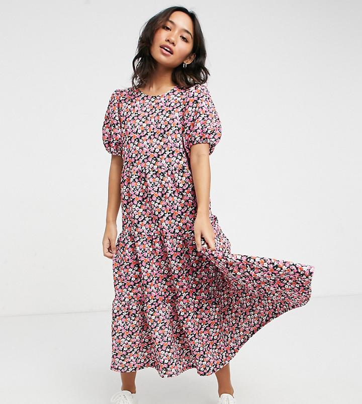 Asos Design Petite Midi Tiered Smock Dress In Pink Floral Print