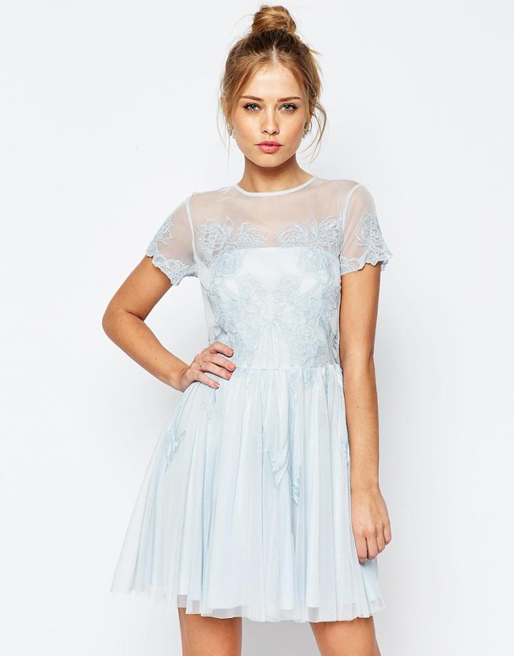Asos Salon Lace Applique Mesh Mini Skater Dress - Blue