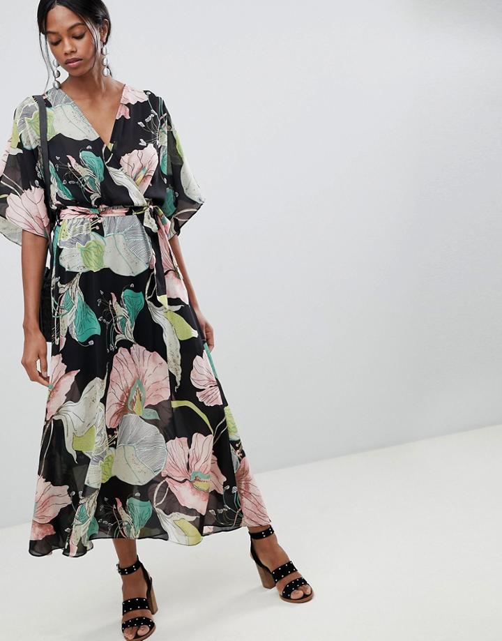 Liquorish Floral Kimono Sleeve Maxi Dress With Open Back - Multi