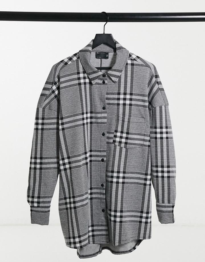 Asos Design Mini Long Sleeve Shirt Dress In Black And White Check