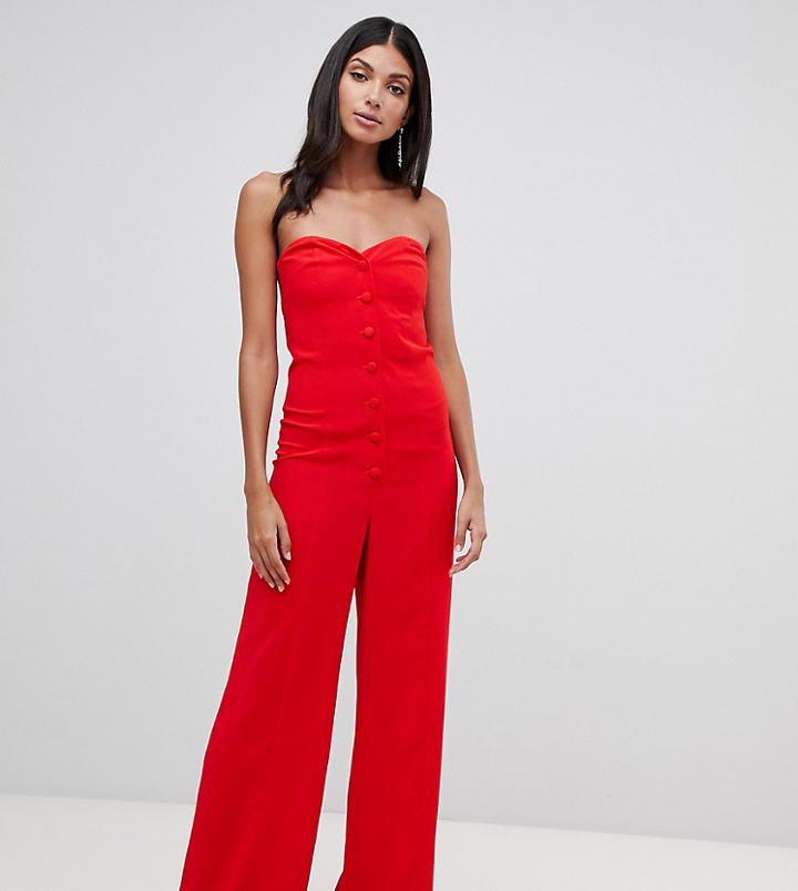 Asos Design Tall Bandeau Sweetheart Jumpsuit With Button & Buckle Detail - Red