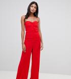 Asos Design Tall Bandeau Sweetheart Jumpsuit With Button & Buckle Detail - Red