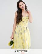Asos Tall Wedding Rouched Midi Dress In Sunshine Floral Print - Yellow
