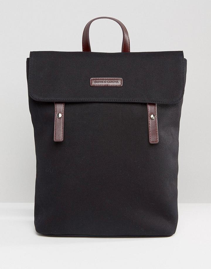 Smith And Canova Canvas Flap Over Backpack With Leather Trim - Black
