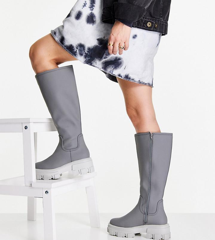 Asos Design Wide Fit Carla Chunky Flat Knee Boots In Gray