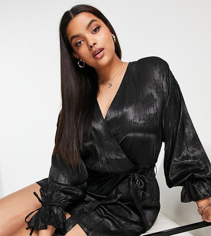 River Island Plus Jaquard Batwing Wrap Mini Dress In Black