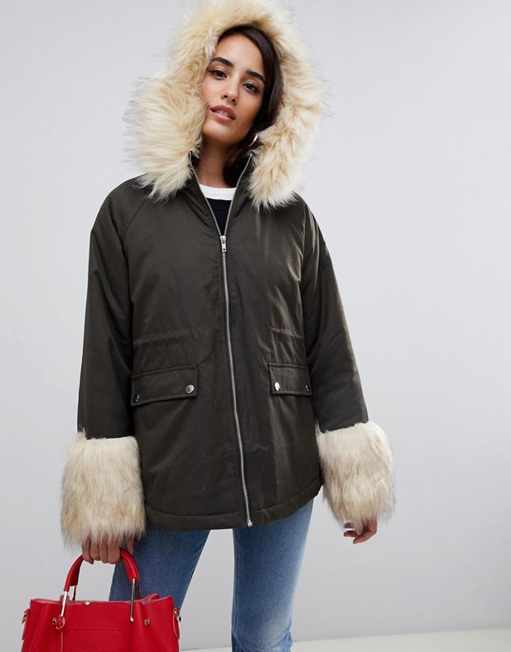 Asos Parka With Faux Fur Collar And Cuff-green