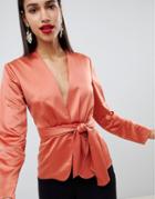Asos Design Satin Top With Tie Waist Detail - Brown