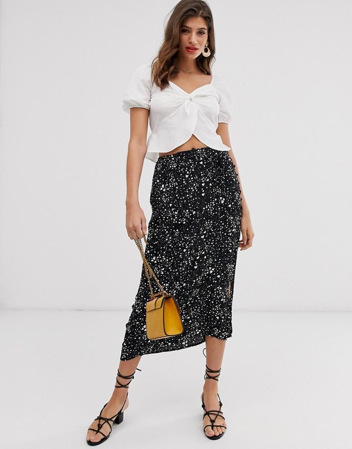 River Island Button Through Midi Skirt In Black Print